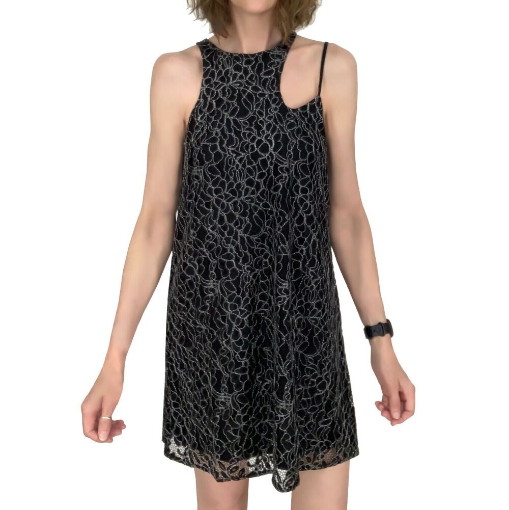 Entro Embroidered Dress Sz S New Black Cutout Shoulder Shift Lined White Stitch